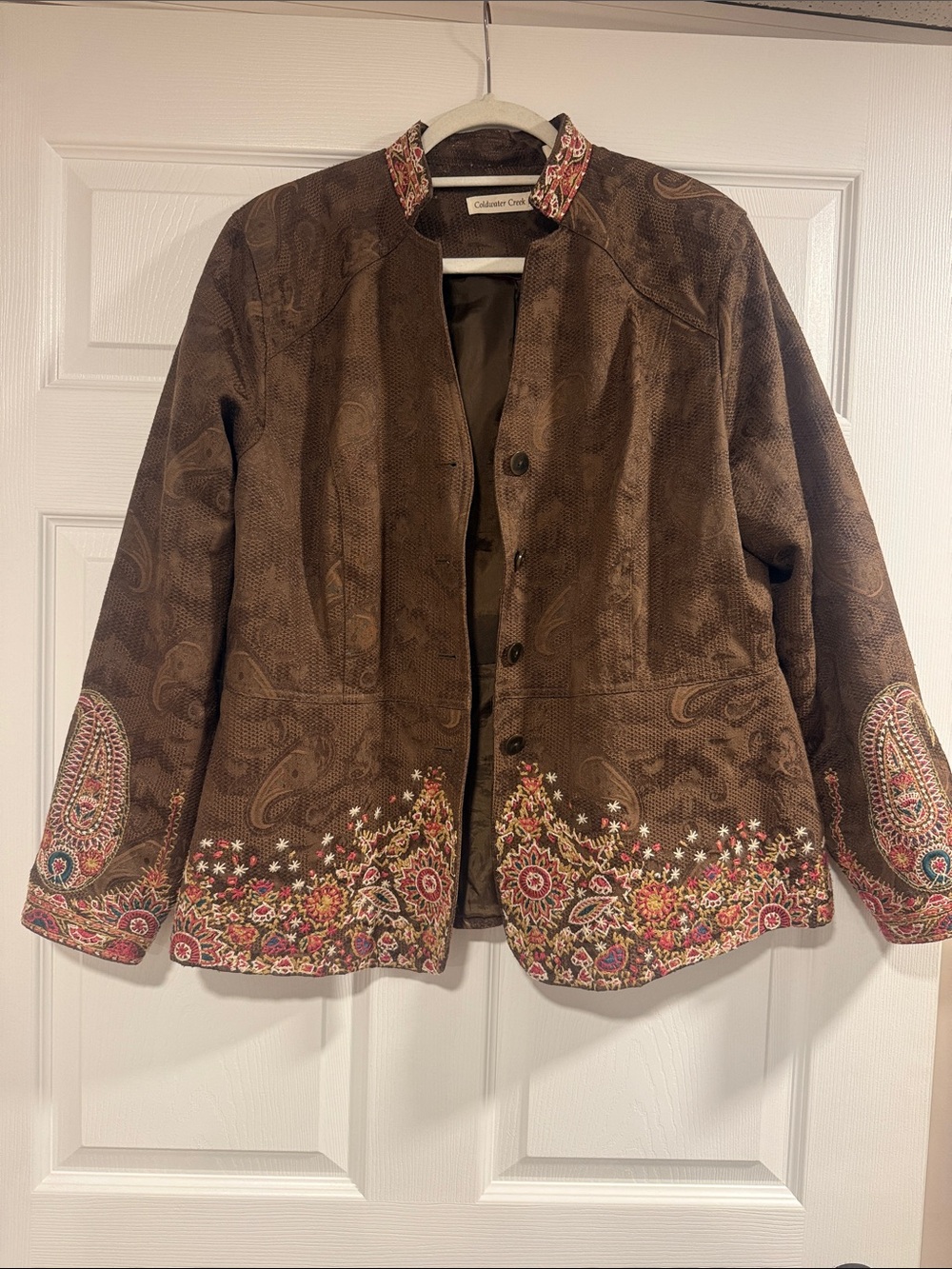 Coldwater Creek Brown Paisley-Embroidered Button Jacket